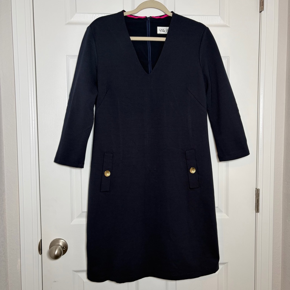 Eliza J Navy Blue Ponte A-line 3/4 Sleeve V-neck Dress Size 12